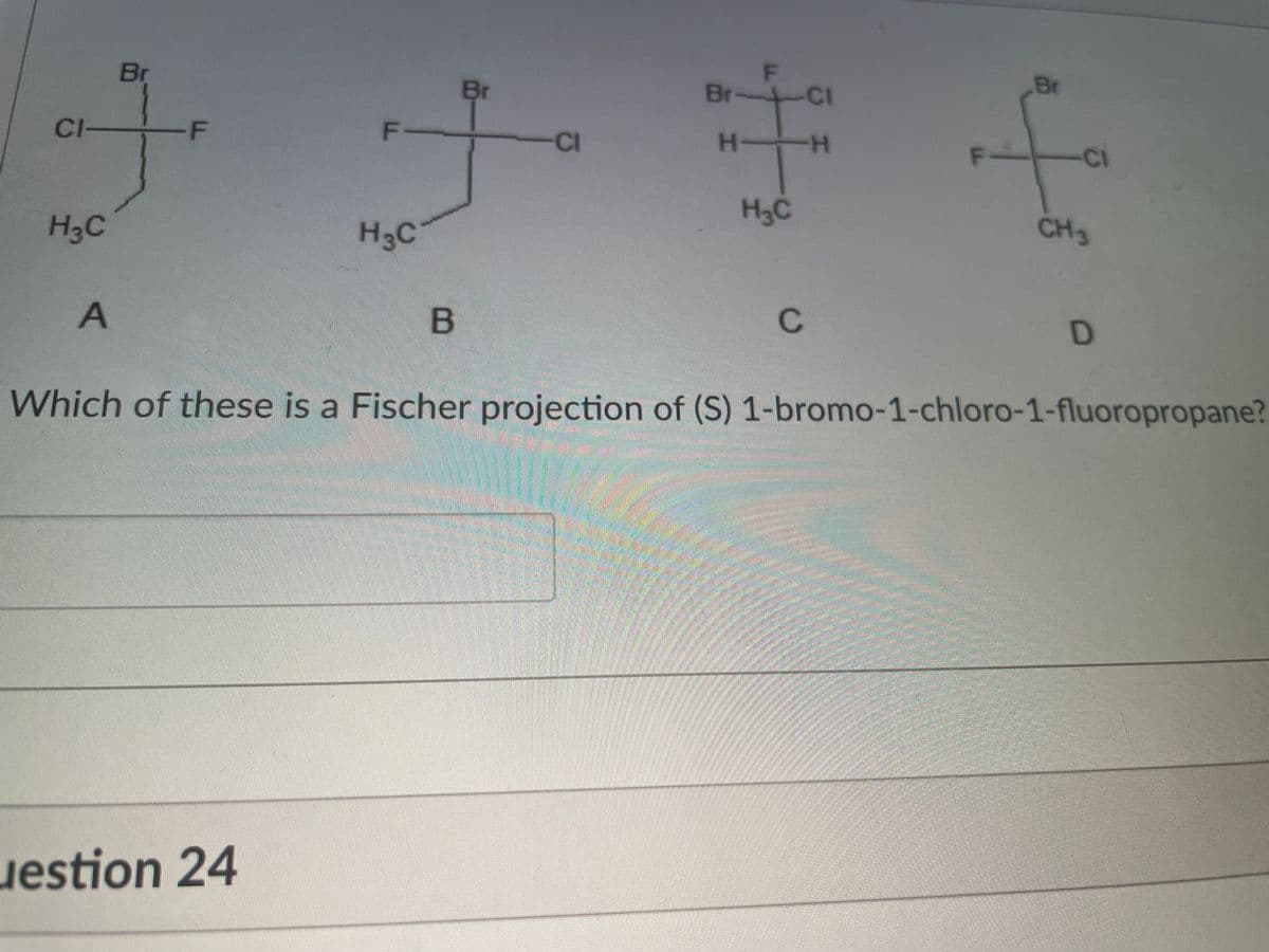 Br
Br
Br
Br-
-CI
CI-
F-
-CI
H H
CI
H3C
CH3
H3C
H3C
B
Which of these is a Fischer projection of (S) 1-bromo-1-chloro-1-fluoropropane?
打
uestion 24
C.
F.
