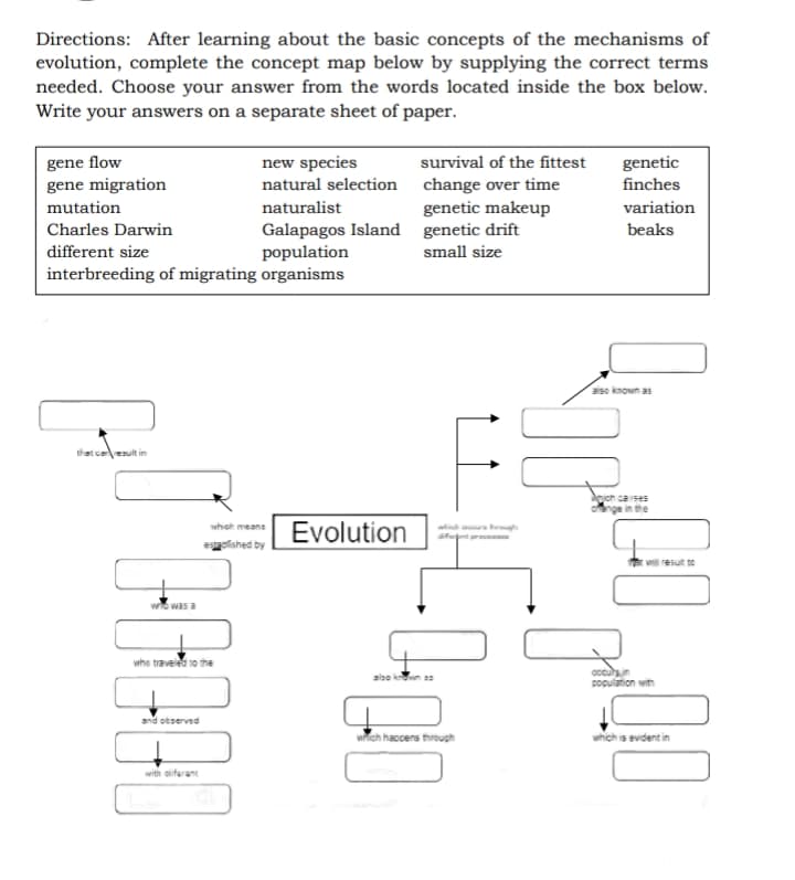 Directions: After learning about the basic concepts of the mechanisms of
evolution, complete the concept map below by supplying the correct terms
needed. Choose your answer from the words located inside the box below.
Write your answers on a separate sheet of paper.
gene flow
gene migration
survival of the fittest
new species
natural selection change over time
genetic
finches
mutation
naturalist
genetic makeup
variation
Charles Darwin
Galapagos Island genetic drift
population
beaks
different size
small size
interbreeding of migrating organisms
aiso known as
that caesult in
Apich cases
ange in the
Evolution
wheh means
esgelished by
wil resut to
was a
whe traveled to the
cutsin
population with
also kwn as
and otserved
which hapcens through
which is evdent in
with oiferant
