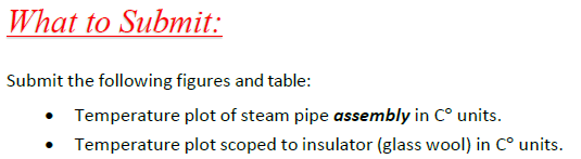What to Submit:
Submit the following figures and table:
Temperature plot of steam pipe assembly in C° units.
Temperature plot scoped to insulator (glass wool) in C° units.