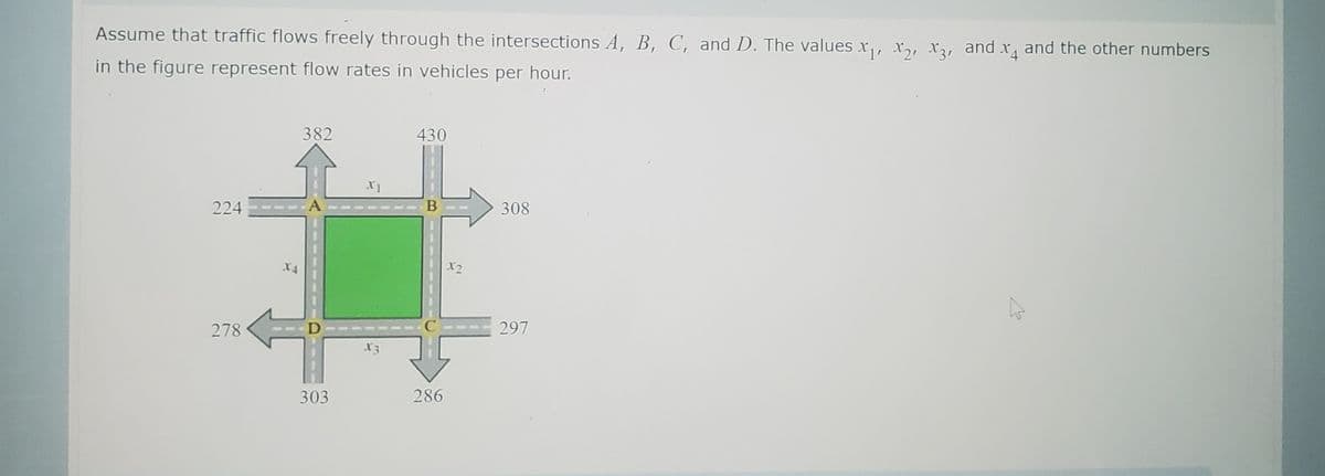 Assume that traffic flows freely through the intersections A, B, C, and D. The values x, x, X, and x, and the other numbers
in the figure represent flow rates in vehicles per hour.
382
430
224
308
X2
278
297
13
303
286

