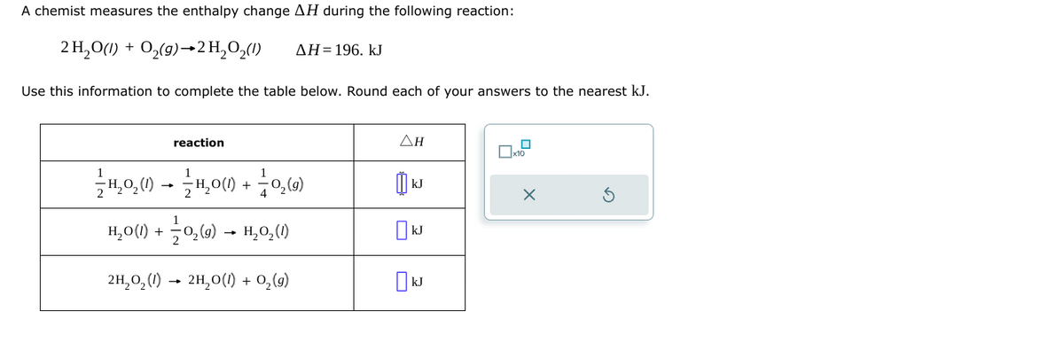 A chemist measures the enthalpy change AH during the following reaction:
2 H₂O(1) + 0₂(g) →2 H₂O₂(1)
ΔΗ = 196. kJ
Use this information to complete the table below. Round each of your answers to the nearest kJ.
reaction
—⁄H₂0₂ (1) ► —- H₂0(1) + 1 ⁄ 0₂(g)
H₂O(1) + —- 0₂(g) → H₂O₂ (1)
2H₂O₂(1)→ 2H₂O(1) + O₂(g)
ΔΗ
Îk
kJ
kJ
kJ
0
x10
X