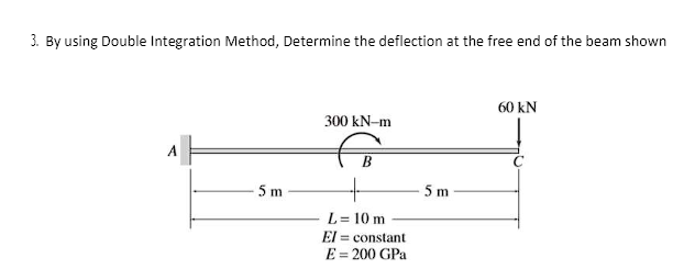 3. By using Double Integration Method, Determine the deflection at the free end of the beam shown
A
5m
300 kN-m
B
L = 10 m
El= constant
E = 200 GPa
5 m
60 kN