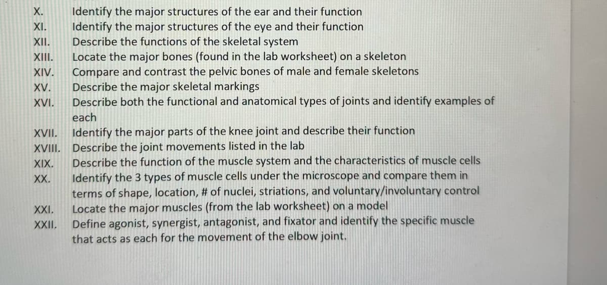 X.
XI.
XII.
Identify the major structures of the ear and their function
Identify the major structures of the eye and their function
Describe the functions of the skeletal system
XIII.
Locate the major bones (found in the lab worksheet) on a skeleton
XIV.
XV.
XVI.
XVII.
XVIII.
XIX.
XX.
XXI.
XXII.
Compare and contrast the pelvic bones of male and female skeletons
Describe the major skeletal markings
Describe both the functional and anatomical types of joints and identify examples of
each
Identify the major parts of the knee joint and describe their function
Describe the joint movements listed in the lab
Describe the function of the muscle system and the characteristics of muscle cells
Identify the 3 types of muscle cells under the microscope and compare them in
terms of shape, location, # of nuclei, striations, and voluntary/involuntary control
Locate the major muscles (from the lab worksheet) on a model
Define agonist, synergist, antagonist, and fixator and identify the specific muscle
that acts as each for the movement of the elbow joint.
