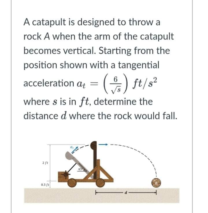 A catapult is designed to throw a
rock A when the arm of the catapult
becomes vertical. Starting from the
position shown with a tangential
6.
acceleration at =
() ft/s²
where s is in ft, determine the
distance d where the rock would fall.
2 ft
0.3 ft
