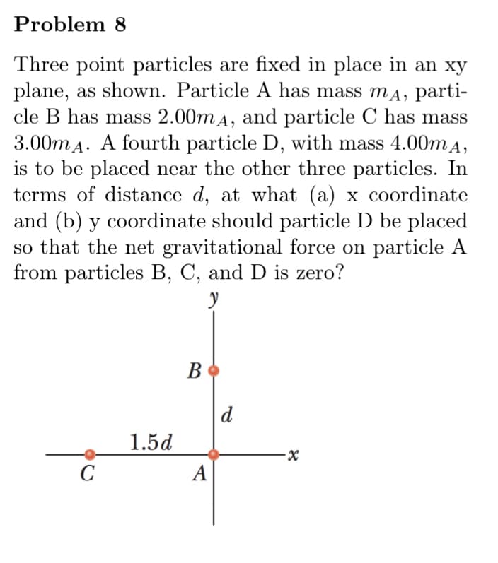 Problem 8
Three point particles are fixed in place in an xy
plane, as shown. Particle A has mass m A, parti-
cle B has mass 2.00m A, and particle C has mass
3.00m A. A fourth particle D, with mass 4.00m A,
is to be placed near the other three particles. In
terms of distance d, at what (a) x coordinate
and (b) y coordinate should particle D be placed
so that the net gravitational force on particle A
from particles B, C, and D is zero?
В
d
1.5d
C
A
