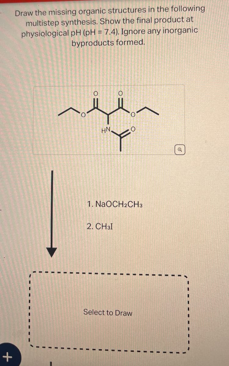 +
Draw the missing organic structures in the following
multistep synthesis. Show the final product at
physiological pH (pH = 7.4). Ignore any inorganic
byproducts formed.
HN
O
1. NaOCH2CH3
2. CH3I
Select to Draw
Q