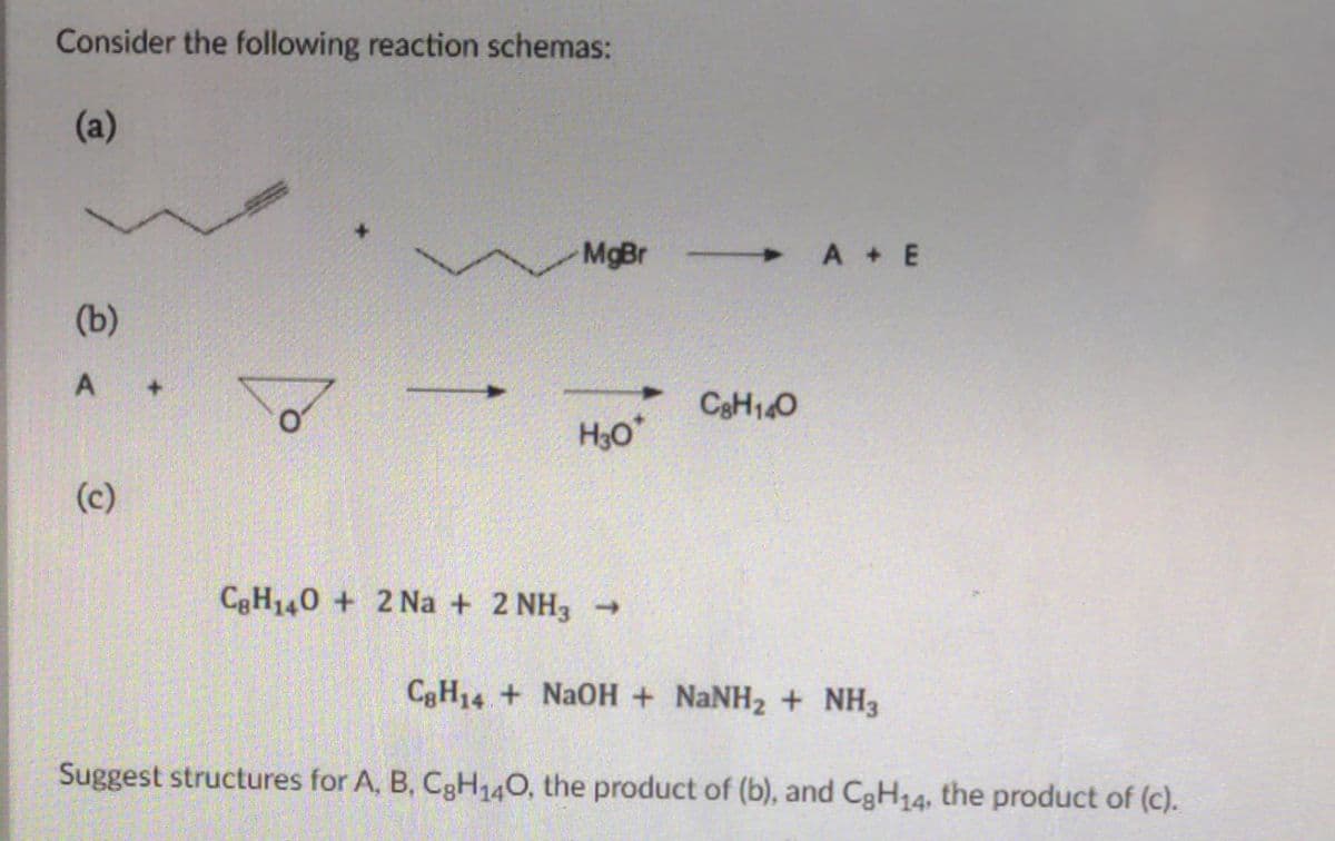Consider the following reaction schemas:
(a)
MgBr
(b)
A
C8H140
H3O*
(c)
CgH₁40+ 2 Na + 2 NH3 →
CgH4 + NaOH + NaNH2 + NH3
Suggest structures for A, B, CgH₁40, the product of (b), and CgH14, the product of (c).
A+ E