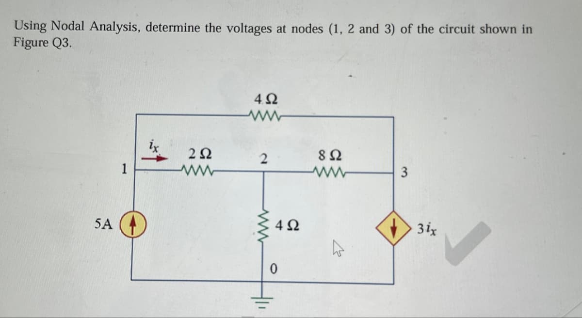 Using Nodal Analysis, determine the voltages at nodes (1, 2 and 3) of the circuit shown in
Figure Q3.
5A
4.2
www
ΖΩ
2
8Ω
ww
ww
www
402
0
3
3ix