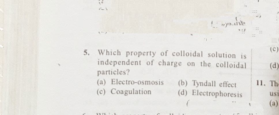 wps..ve.
5. Which property of colloidal solution is
independent of charge on the colloidal
particles?
(a) Electro-osmosis (b) Tyndall effect
(c) Coagulation
(d) Electrophoresis
(C)
(d)
11. The
usi
(a)