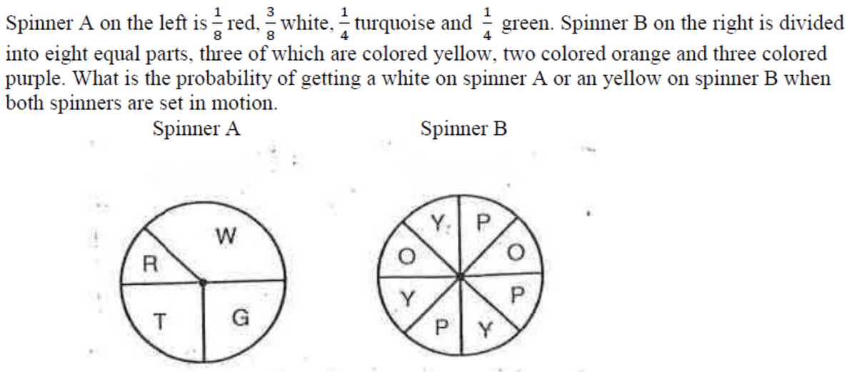 1
3
1
Spinner A on the left is - red, white, - turquoise and green. Spinner B on the right is divided
into eight equal parts, three of which are colored yellow, two colored orange and three colored
purple. What is the probability of getting a white on spinner A or an yellow on spinner B when
both spinners are set in motion.
4
4
Spinner A
Spinner B
Y: P
W
Y
T
G
PY
