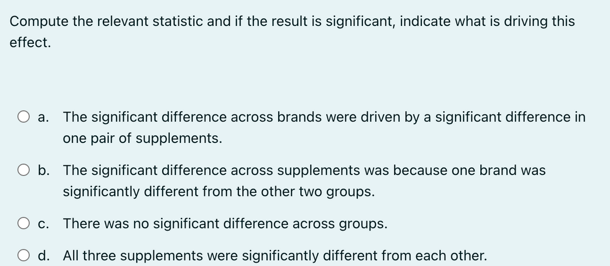 Compute the relevant statistic and if the result is significant, indicate what is driving this
effect.
a. The significant difference across brands were driven by a significant difference in
one pair of supplements.
O b. The significant difference across supplements was because one brand was
significantly different from the other two groups.
c. There was no significant difference across groups.
d. All three supplements were significantly different from each other.