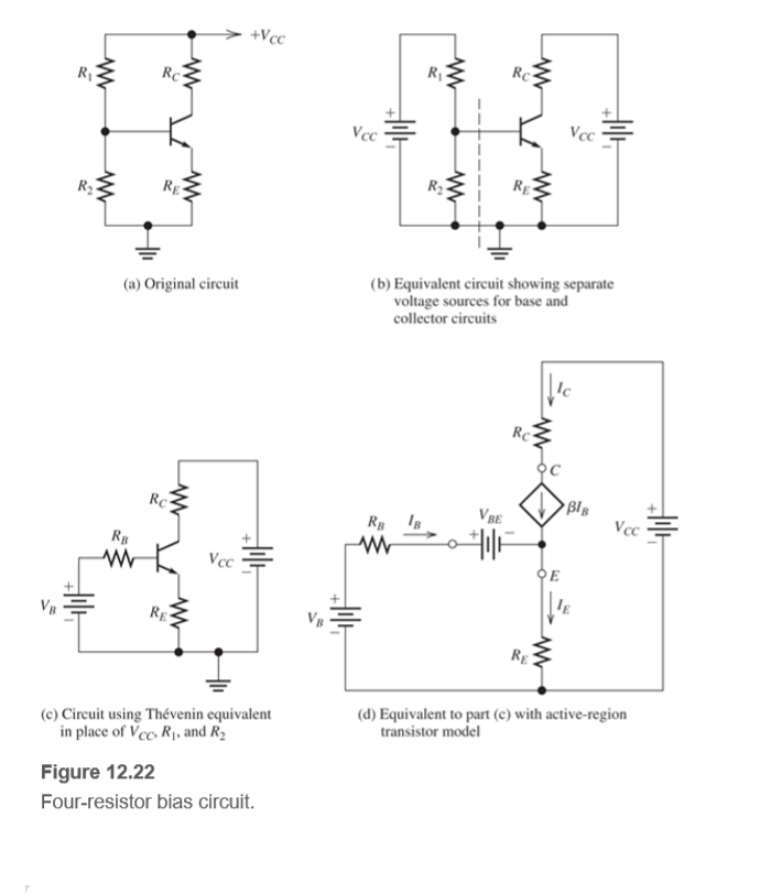 +Vcc
Rc
R1
Rc
Vcc
Vcc
R2
RE
R2
RE
(b) Equivalent circuit showing separate
voltage sources for base and
collector circuits
(a) Original circuit
Rc
BlB
Rc
VBE
Vcc
Rg
RB
Vcc
OE
VB
RE
(c) Circuit using Thévenin equivalent
in place of Vcc. R1, and R2
(d) Equivalent to part (c) with active-region
transistor model
Figure 12.22
Four-resistor bias circuit.
