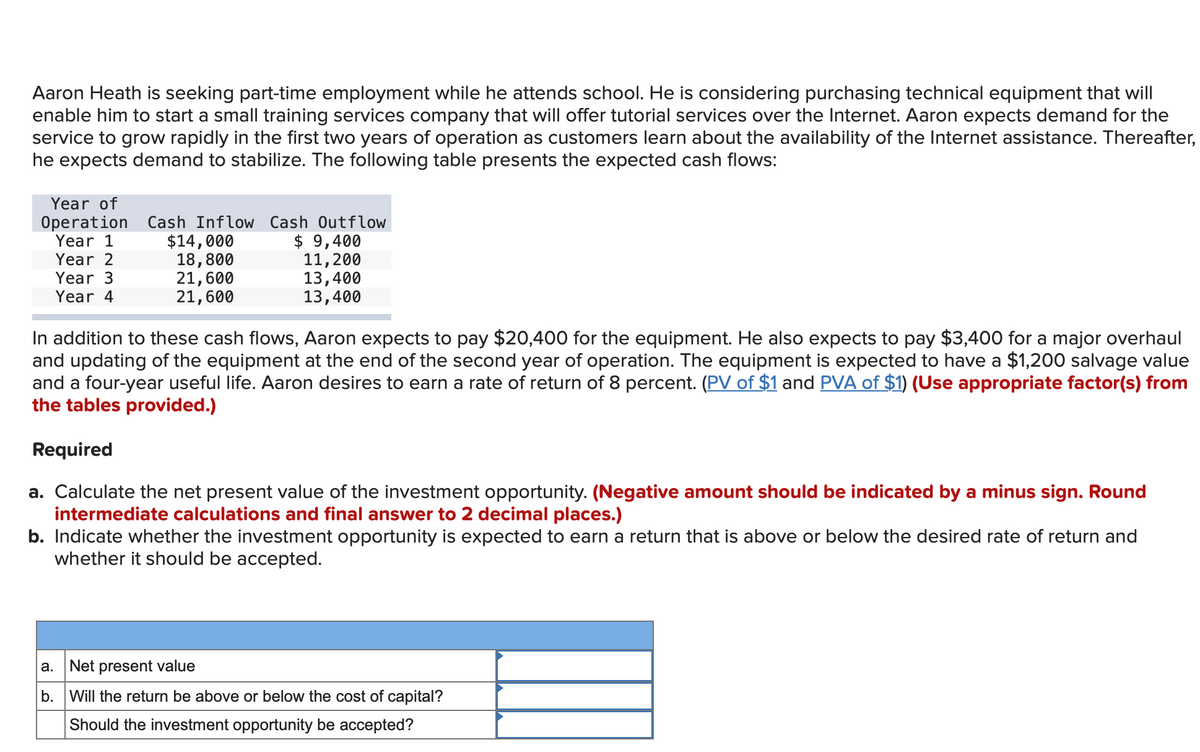 Aaron Heath is seeking part-time employment while he attends school. He is considering purchasing technical equipment that will
enable him to start a small training services company that will offer tutorial services over the Internet. Aaron expects demand for the
service to grow rapidly in the first two years of operation as customers learn about the availability of the Internet assistance. Thereafter,
he expects demand to stabilize. The following table presents the expected cash flows:
Year of
Operation
Year 1
Year 2
Year 3
Year 4
Cash Inflow Cash Outflow
$ 9,400
11, 200
$14,000
18,800
21,600
21,600
13,400
13,400
In addition to these cash flows, Aaron expects to pay $20,400 for the equipment. He also expects to pay $3,400 for a major overhaul
and updating of the equipment at the end of the second year of operation. The equipment is expected to have a $1,200 salvage value
and a four-year useful life. Aaron desires to earn a rate of return of 8 percent. (PV of $1 and PVA of $1) (Use appropriate factor(s) from
the tables provided.)
Required
a. Calculate the net present value of the investment opportunity. (Negative amount should be indicated by a minus sign. Round
intermediate calculations and final answer to 2 decimal places.)
b. Indicate whether the investment opportunity is expected to earn a return that is above or below the desired rate of return and
whether it should be accepted.
a.
Net present value
b. Will the return be above or below the cost of capital?
Should the investment opportunity be accepted?