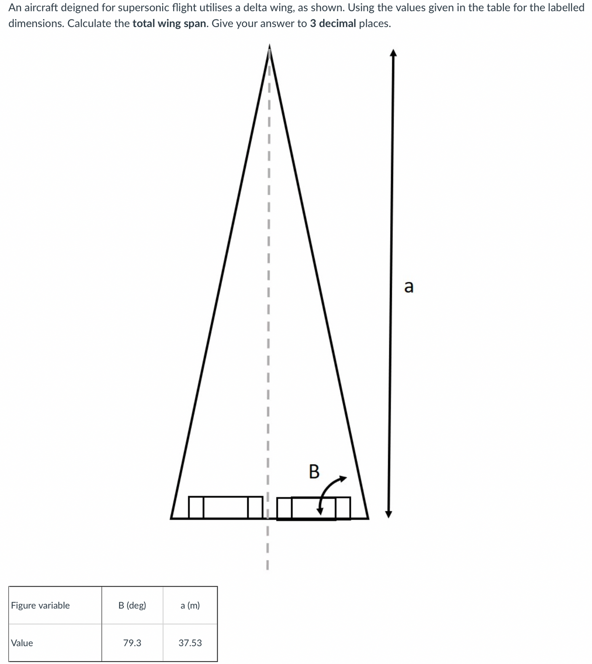 An aircraft deigned for supersonic flight utilises a delta wing, as shown. Using the values given in the table for the labelled
dimensions. Calculate the total wing span. Give your answer to 3 decimal places.
Figure variable
Value
B (deg)
79.3
a (m)
37.53
a