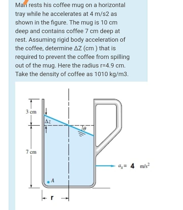 Man rests his coffee mug on a horizontal
tray while he accelerates at 4 m/s2 as
shown in the figure. The mug is 10 cm
deep and contains coffee 7 cm deep at
rest. Assuming rigid body acceleration of
the coffee, determine AZ (cm ) that is
required to prevent the coffee from spilling
out of the mug. Here the radius r=4.9 cm.
Take the density of coffee as 1010 kg/m3.
3 cm
Az
7 cm
az= 4 m/s?
A
r
