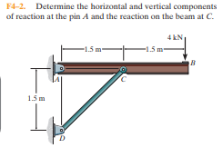 F4-2. Determine the horizontal and vertical components
of reaction at the pin A and the reaction on the beam at C.
4 kN
-15 m
-1.5 m-
1.5 m
