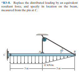 *R3-8. Replace the distributed loading by an equivalent
resultant force, and specify its location on the beam,
measured from the pin at C.
12 kN/m
