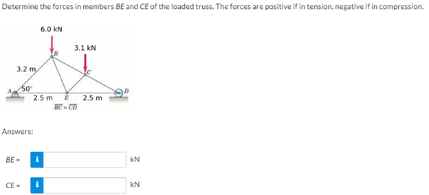 Determine the forces in members BE and CE of the loaded truss. The forces are positive if in tension, negative if in compression.
3.2 m
50°
BE-
Answers:
CE-
2.5 m
6.0 KN
i
i
3.1 KN
E
BC=CD
2.5 m
KN
KN
2