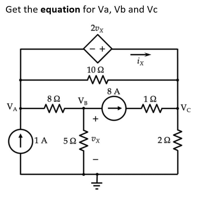 Get the equation for Va, Vb and Vc
20x
ix
10 2
8 A
1Ω
VB
VA
Vc
2Ω
I )1 A
5Ω
+
+
