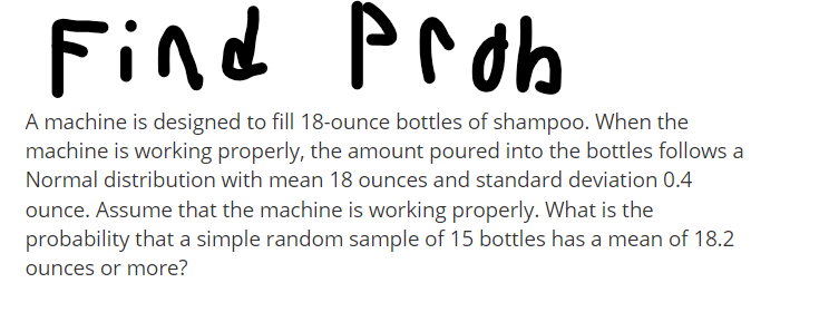 A machine is designed to fill 18-ounce bottles of shampoo. When the
machine is working properly, the amount poured into the bottles follows a
Normal distribution with mean 18 ounces and standard deviation 0.4
ounce. Assume that the machine is working properly. What is the
probability that a simple random sample of 15 bottles has a mean of 18.2
ounces or more?
