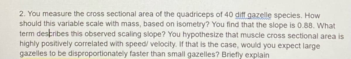 2. You measure the cross sectional area of the quadriceps of 40 diff gazelle species. How
should this variable scale with mass, based on isometry? You find that the slope is 0.88. What
term despribes this observed scaling slope? You hypothesize that muscle cross sectional area is
highly positively correlated with speed/ velocity. If that is the case, would you expect large
gazelles to be disproportionately faster than small gazelles? Briefly explain
