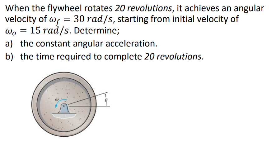 When the flywheel rotates 20 revolutions, it achieves an angular
velocity of wf = 30 rad/s, starting from initial velocity of
15 rad/s. Determine;
Wo =
a) the constant angular acceleration.
b) the time required to complete 20 revolutions.