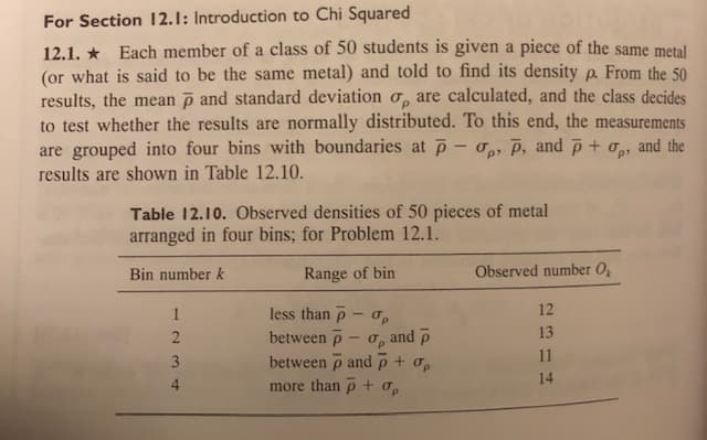For Section 12. 1: Introduction to Chi Squared
12.1. Each member of a class of 50 students is given a piece of the same metal
(or what is said to be the same metal) and told to find its density p. From the 50
results, the mean p and standard deviation o, are calculated, and the class decides
to test whether the results are normally distributed. To this end, the measurements
are grouped into four bins with boundaries at p o, P, and p+ a, and the
results are shown in Table 12.10.
Table 12.10. Observed densities of 50 pieces of metal
arranged in four bins; for Problem 12.1.
Observed number O
Bin number k
Range of bin
less than p- a
between p o, and p
between p and p+ op
12
13
11
14
more than p + o
123
