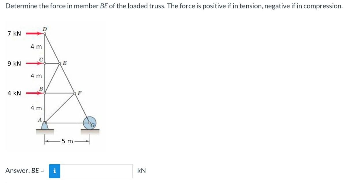 Determine the force in member BE of the loaded truss. The force is positive if in tension, negative if in compression.
7 KN
9 KN
4 KN
4 m
4 m
D
B
4 m
A
Answer: BE = i
E
5m
F
kN