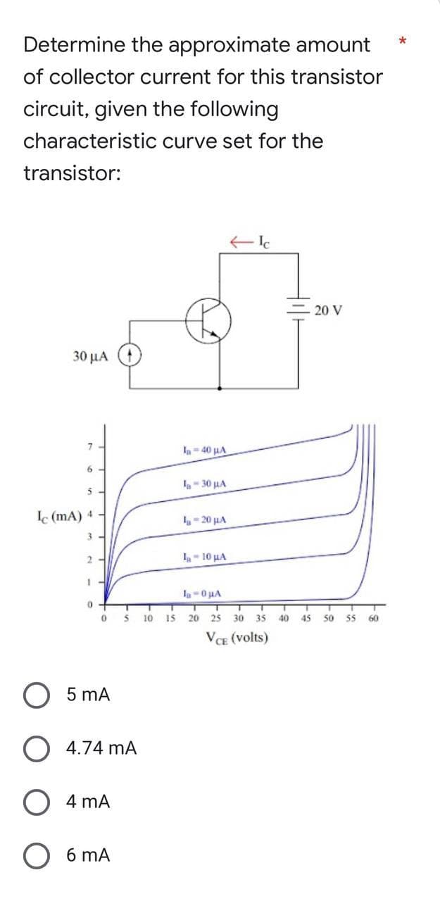*
Determine the approximate amount
of collector current for this transistor
circuit, given the following
characteristic
curve set for the
transistor:
← Ic
30 μα
7
5
Ic (mA) 4.
2-
1
0
0
5 mA
4.74 mA
4 mA
6 mA
5 10
15
la 40 μA
la-30 µA
la-20 μA
1-10 μA
la-0μA
20 25 30 35
VCE (volts)
-20 V
40 45
50
55 60
