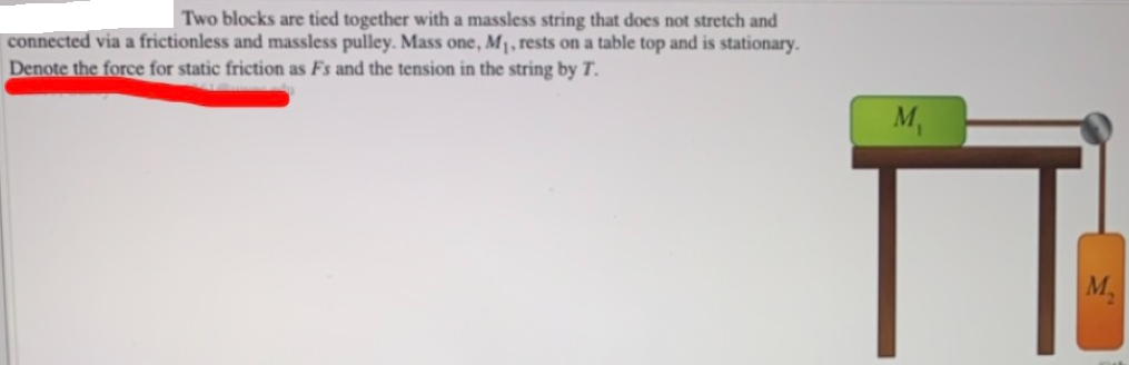 Two blocks are tied together with a massless string that does not stretch and
connected via a frictionless and massless pulley. Mass one, M1, rests on a table top and is stationary.
Denote the force for static friction as Fs and the tension in the string by T.
M,
