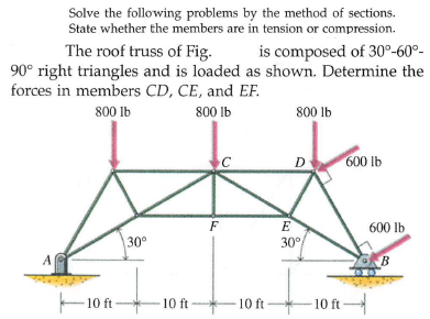 Solve the following problems by the method of sections.
State whether the members are in tension or compression.
is composed of 30°-60°-
90° right triangles and is loaded as shown. Determine the
The roof truss of Fig.
forces in members CD, CE, and EF.
800 lb
800 lb
800 lb
D
600 lb
E
30°
F
600 lb
30°
A
B
F10 ft
10 ft
10 ft
10
ft
