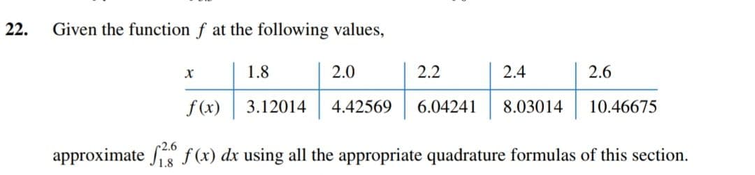 22.
Given the function f at the following values,
1.8
2.0
2.2
2.4
2.6
f(x)
3.12014
4.42569
6.04241
8.03014
10.46675
approximate S f (x) dx using all the appropriate quadrature formulas of this section.
