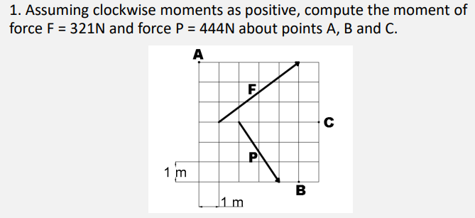 1. Assuming clockwise moments as positive, compute the moment of
force F = 321N and force P = 444N about points A, B and C.
A
F
P
1 m
B
1 m
