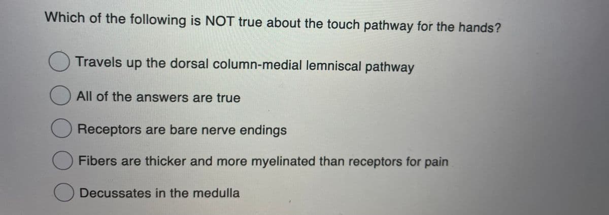 Which of the following is NOT true about the touch pathway for the hands?
Travels up the dorsal column-medial lemniscal pathway
All of the answers are true
O Receptors are bare nerve endings
Fibers are thicker and more myelinated than receptors for pain
O
Decussates in the medulla