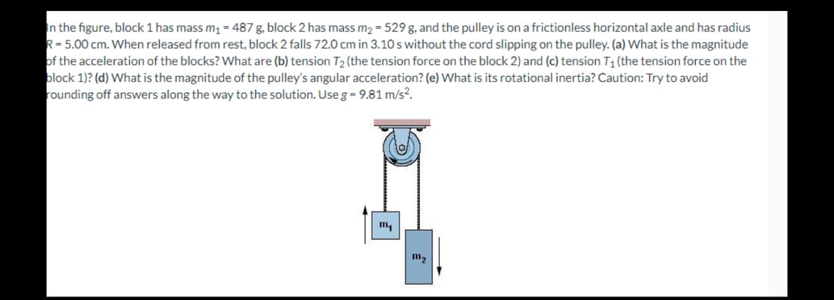 In the figure, block 1 has mass m₁ = 487 g, block 2 has mass m₂ = 529 g, and the pulley is on a frictionless horizontal axle and has radius
R = 5.00 cm. When released from rest, block 2 falls 72.0 cm in 3.10 s without the cord slipping on the pulley. (a) What is the magnitude
of the acceleration of the blocks? What are (b) tension T₂ (the tension force on the block 2) and (c) tension T₁ (the tension force on the
block 1)? (d) What is the magnitude of the pulley's angular acceleration? (e) What is its rotational inertia? Caution: Try to avoid
rounding off answers along the way to the solution. Use g -9.81 m/s².
m₁
m2
