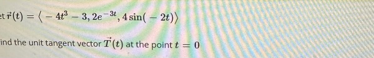 et r(t)= (-4t³-3, 2e-3, 4 sin(-2t))
ind the unit tangent vector T (t) at the point t = 0