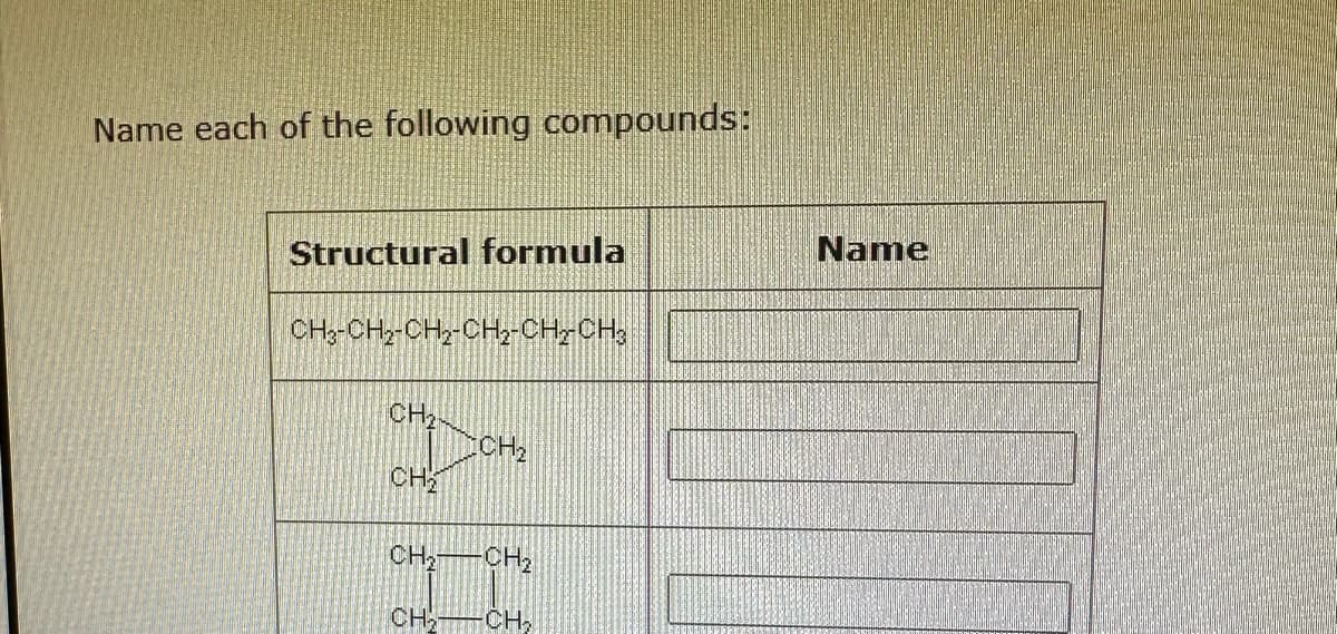 Name each of the following compounds:
Structural formula
CH3-CH₂-CH₂-CH₂-CH₂-CH₂
CH₂
CH₂
CH₂
CH₂
-CH₂
IC
CH₂
CH₂
Name
