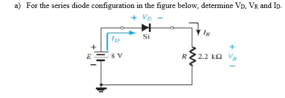 a) For the series diode configuration in the figure below, determine VD, VR and Ip.
+ Vp
Si
IR
Ip
+
R 2.2 kM VR
