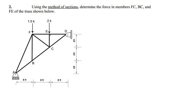 2.
Using the method of sections, determine the force in members FC, BC, and
FE of the truss shown below.
1.5 k
2k
FY
B
8 ft
8 ft
8ft
49
49
49
