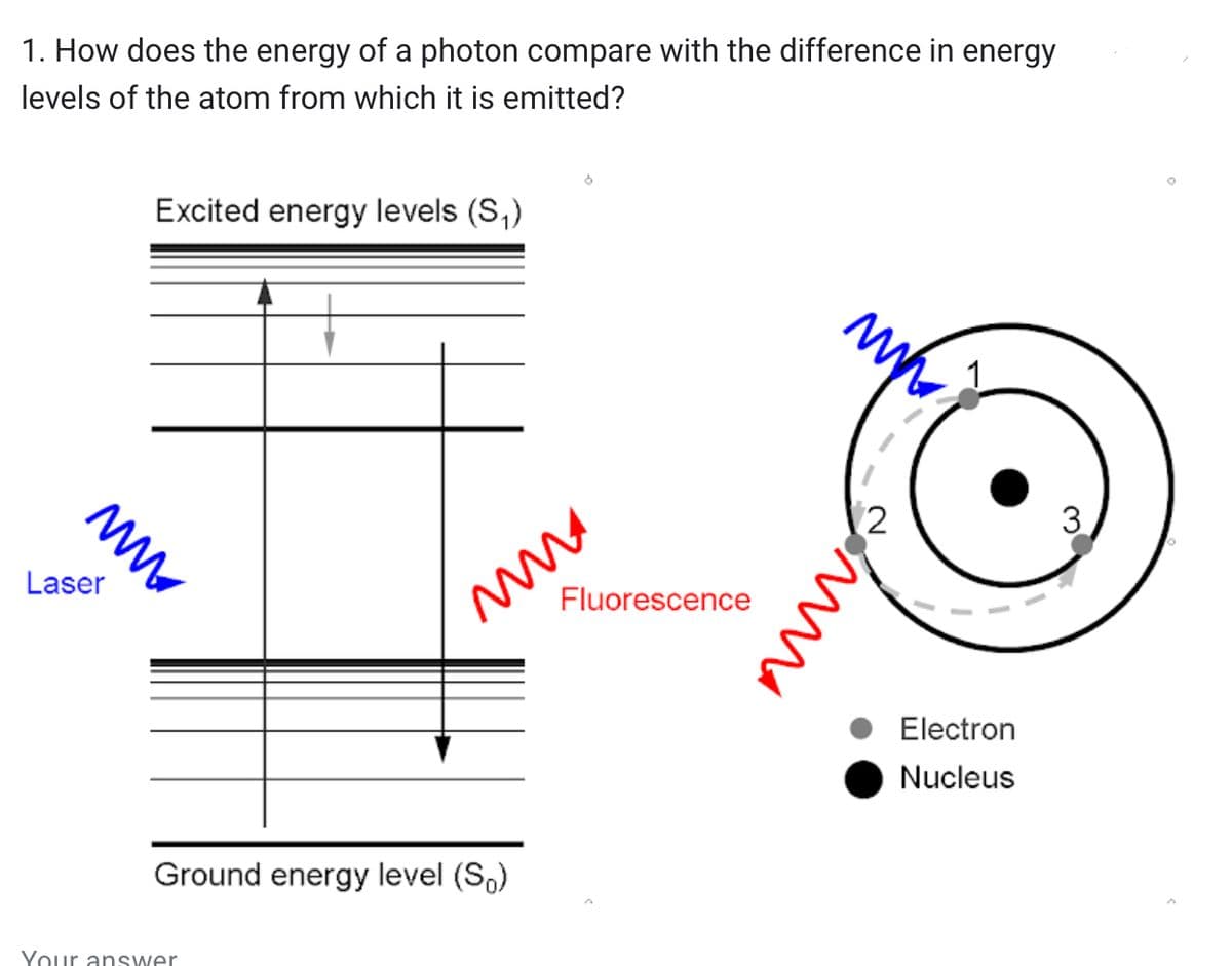 1. How does the energy of a photon compare with the difference in energy
levels of the atom from which it is emitted?
Excited energy levels (S₁)
MM
Laser
Ground energy level (So)
Your answer
Fluorescence
www
2
3
Electron
Nucleus
°