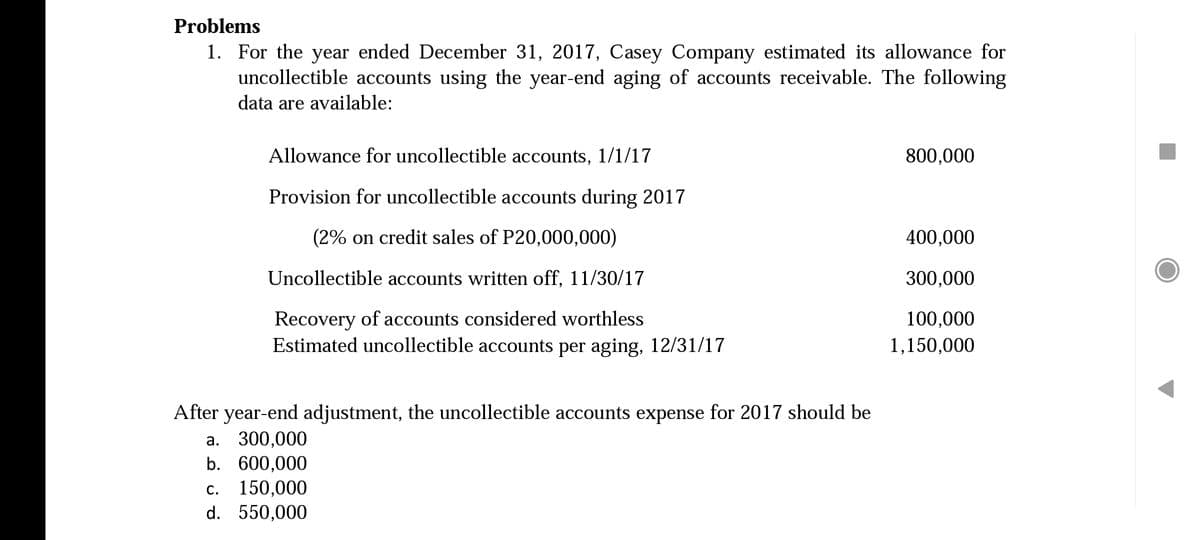 Problems
1. For the year ended December 31, 2017, Casey Company estimated its allowance for
uncollectible accounts using the year-end aging of accounts receivable. The following
data are available:
Allowance for uncollectible accounts, 1/1/17
800,000
Provision for uncollectible accounts during 2017
(2% on credit sales of P20,000,000)
400,000
Uncollectible accounts written off, 11/30/17
300,000
Recovery of accounts considered worthless
Estimated uncollectible accounts per aging, 12/31/17
100,000
1,150,000
After year-end adjustment, the uncollectible accounts expense for 2017 should be
а. 300,000
b. 600,000
150,000
d. 550,000
С.
