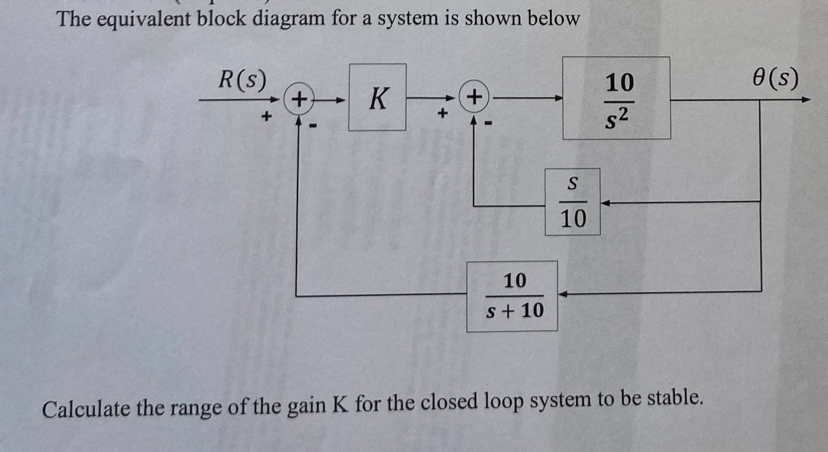 The equivalent block diagram for a system is shown below
R(S)
+ K
+
+
10
s + 10
10
10
S²
Calculate the range of the gain K for the closed loop system to be stable.
0(s)