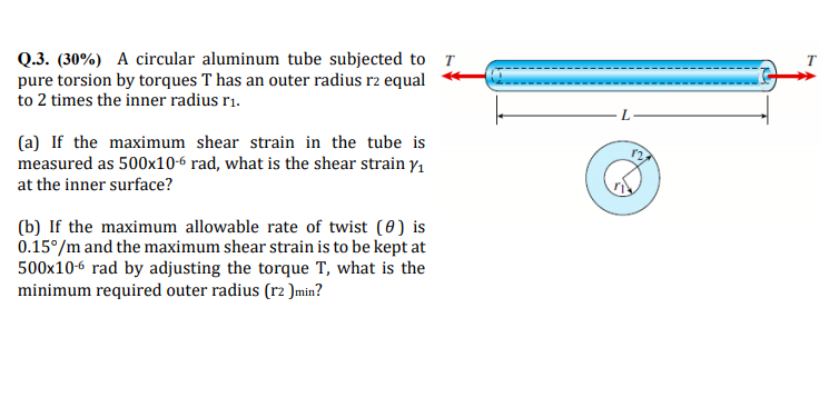Q.3. (30%) A circular aluminum tube subjected to T
pure torsion by torques T has an outer radius r2 equal
to 2 times the inner radius r1.
(a) If the maximum shear strain in the tube is
measured as 500x10-6 rad, what is the shear strain y1
at the inner surface?
(b) If the maximum allowable rate of twist (0) is
0.15°/m and the maximum shear strain is to be kept at
500x10-6 rad by adjusting the torque T, what is the
minimum required outer radius (r2 )min?
