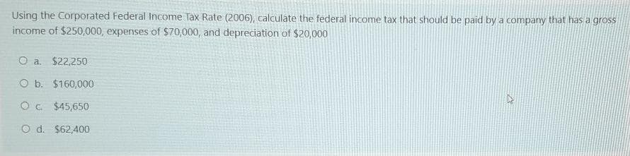 Using the Corporated Federal Income Tax Rate (2006), calculate the federal income tax that should be paid by a company that has a gross
income of $250,000, expenses of $70,000, and depreciation of $20,000
O a. $22,250
O b. $160,000
Oc $45,650
O d. $62,400
