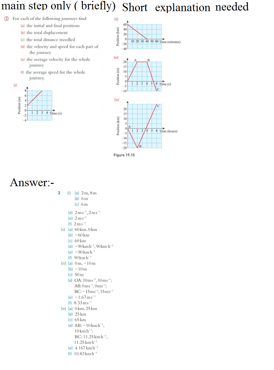 main step only (briefly) Short explanation needed
3 For each of the following journeys find
(a) the initial and final positions
(i)
[b] the total displacement
(c) the total distance travelled
[d] the velocity and speed for each part of
the journey
[e] the average velocity for the whole
journey
If the average speed for the whole
journey.
Position (m)
6
4
2
1 2 3 4 Time (s)
Answer:-
3 i (al 2m, 8 m
(b) 6m
(c) 6m
(d) 2ms, 2ms¹
le) 2ms1
(f) 2ms¹
[ii] (a) 60 km, 0km
(b) -60km
Ic] 60 km.
[d] -90kmh¹,90 km h¹
le) -90 kmh ¹
(f) 90kmh
(iii) (a) 0m, -10m
(b) -10m
Icl 50m
(d) OA: 10ms, 10ms ¹;
AB: Oms, Oms";
BC: 15ms, 15ms
(e) -1.67 ms¹
(f) 8.33ms1
(iv) (a) 0 km, 25 km
(b) 25 km
(c) 65 km
(d) AB: 10kmh¯',
10kmh ¹;
BC: 11.25 kmh ¹,
11.25 kmh ¹
(e) 4.167 kmh¹
(f) 10.83 kmh™
(ii)
Position (km)
Position (m)
E
(iv)
Position (km)
col
60
40
20
0
-20
-40
A
20
15
10
5
9
0
-5
-10
A
20
15
10
5
5
0
-5
-10
-15
-20
10 20 30 40 50 60 Time (minutes)
A
1 2 3 4 5 6 Time (s)
C
Figure 19.15
B
A
1 2 3 4 5 6 Time (hours)
VB
C