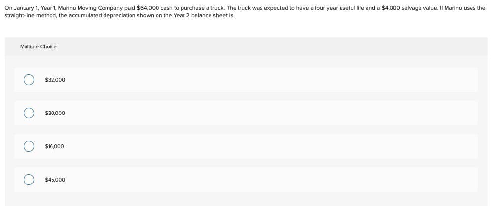 On January 1, Year 1, Marino Moving Company paid $64,000 cash to purchase a truck. The truck was expected to have a four year useful life and a $4,000 salvage value. If Marino uses the
straight-line method, the accumulated depreciation shown on the Year 2 balance sheet is
Multiple Choice
○ $32,000
○ $30,000
○ $16,000
○ $45,000