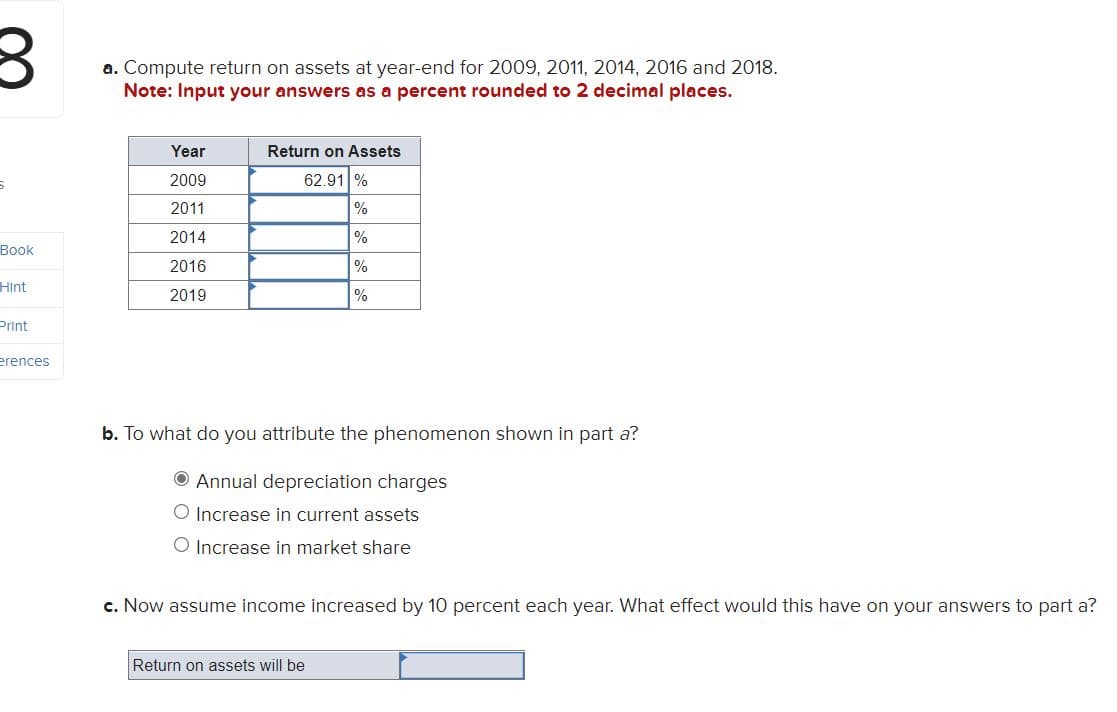 3
Book
Hint
Print
erences
a. Compute return on assets at year-end for 2009, 2011, 2014, 2016 and 2018.
Note: Input your answers as a percent rounded to 2 decimal places.
Year
2009
2011
2014
2016
2019
Return on Assets
62.91 %
%
%
%
%
b. To what do you attribute the phenomenon shown in part a?
Annual depreciation charges
O Increase in current assets
O Increase in market share
c. Now assume income increased by 10 percent each year. What effect would this have on your answers to part a?
Return on assets will be