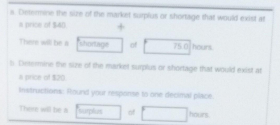 a Determine the size of the market surplus or shortage that would exist at
a price of $40.
There will be a shortage of
b Determine the size of the market surplus or shortage that would exist at
75.0 hours
Instructions: Round your response to one decimal place.
There will be a surplus
hours.
of