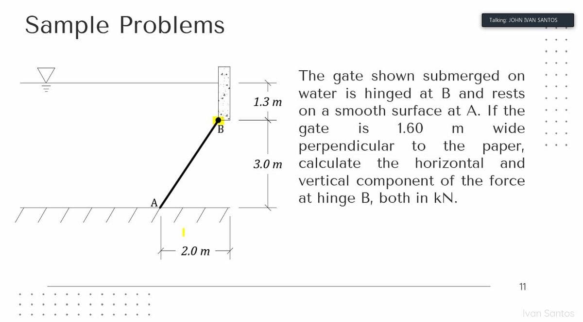 Sample Problems
Talking: JOHN VAN SANTOS
The gate shown submerged on
water is hinged at B and rests
on a smooth surface at A. If the
gate
perpendicular to
calculate the horizontal and
1.3 m
B.
is
1.60
m
wide
the paper,
3.0 m
vertical component of the force
at hinge B, both in kN.
А
2.0 m
11
Ivan Santos
