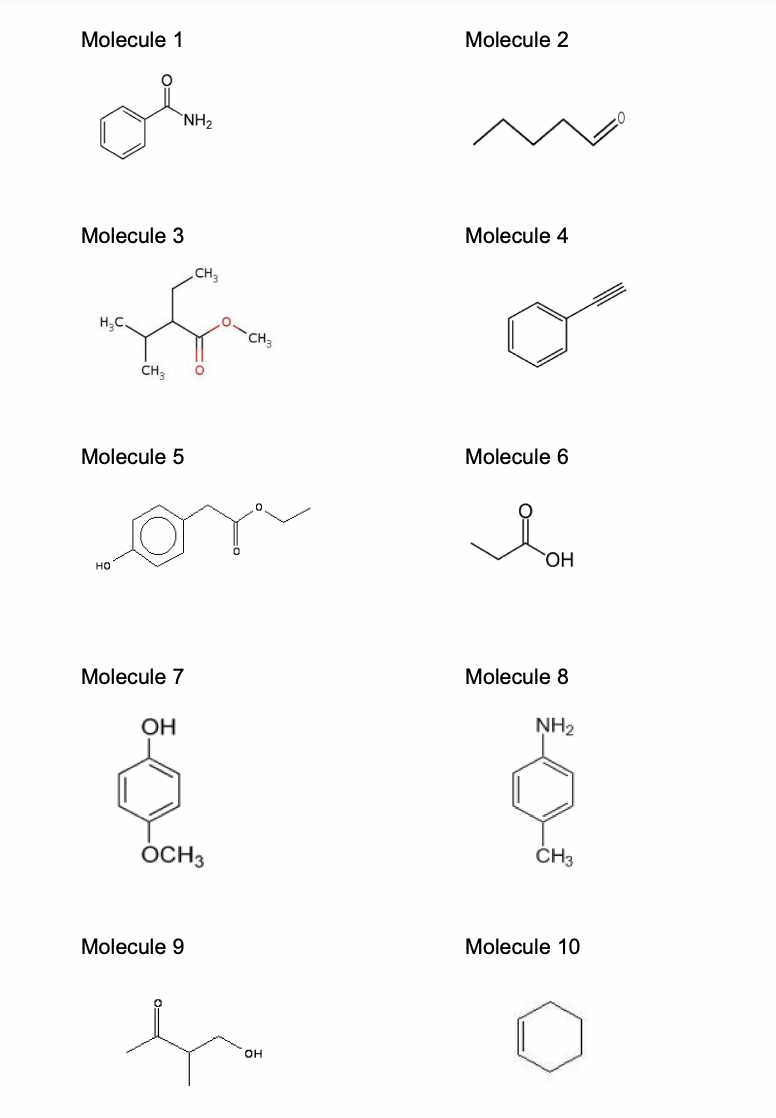 Molecule 1
NH2
Molecule 3
H₂C.
CH3
CH3
Molecule 5
HO
CH3
Molecule 2
Molecule 4
Molecule 6
я
OH
Molecule 7
Molecule 8
OH
NH2
OCH3
Molecule 9
OH
CH3
Molecule 10